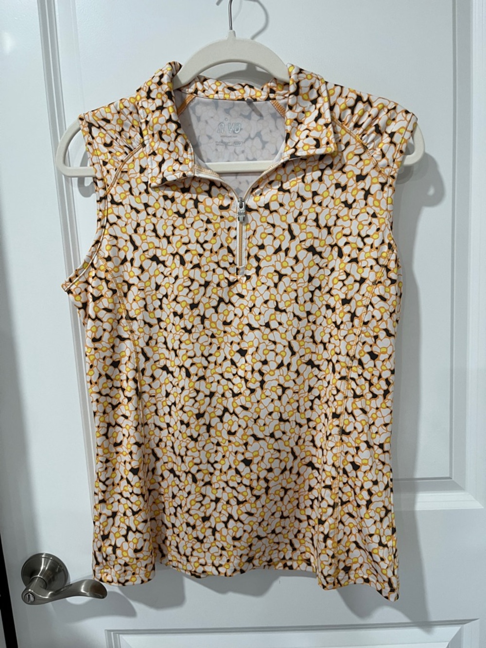 Sleeveless Zip-Front Floral Polo Tank in Yellow , Orange Black